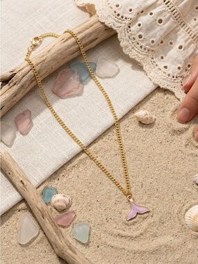 Gold Plated Necklace with Pink Mermaid Tail Pendant